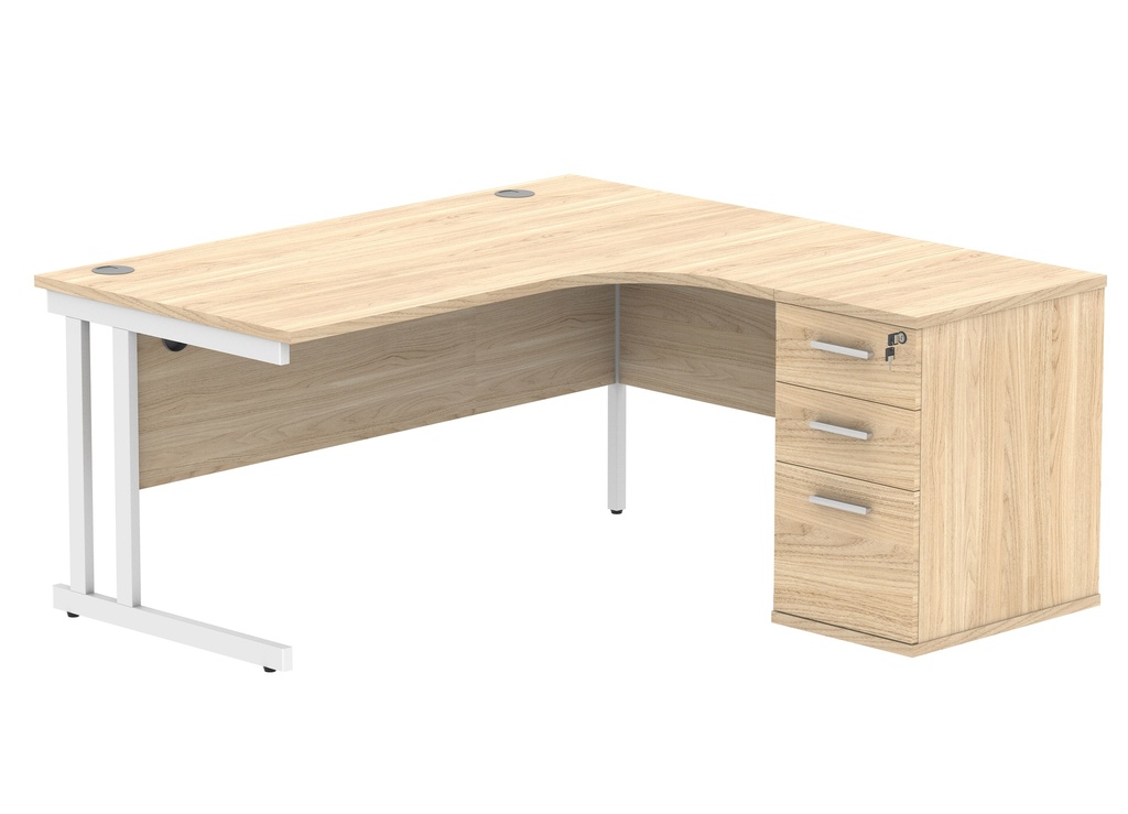 Double Upright Right Hand Radial Desk + Desk High Pedestal (FSC) | 600mm Deep Pedestal | 1600X1200 | Canadian Oak/White