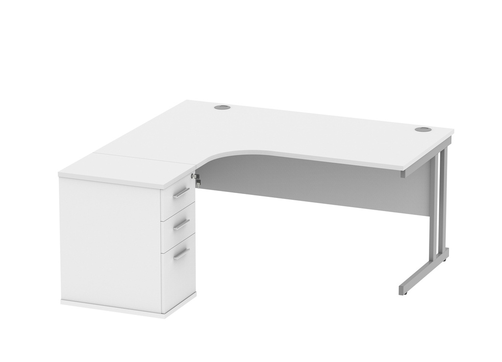 Double Upright Left Hand Radial Desk + Desk High Pedestal (FSC) | 600mm Deep Pedestal | 1600X1200 | Arctic White/Silver
