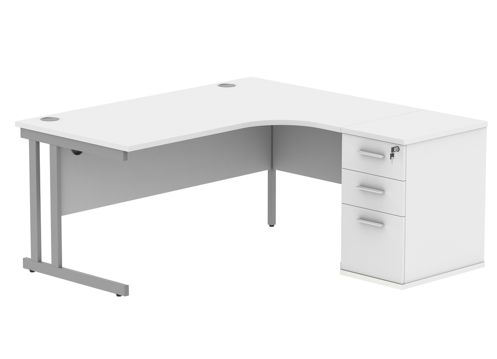 Double Upright Right Hand Radial Desk + Desk High Pedestal (FSC) | 600mm Deep Pedestal | 1600X1200 | Arctic White/Silver