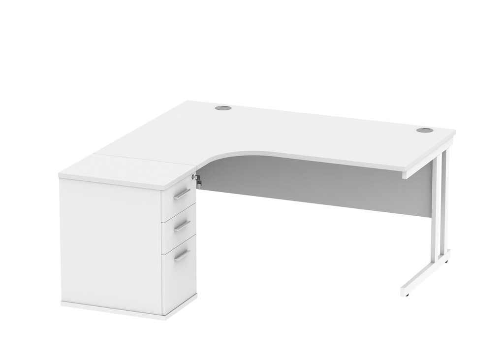 Double Upright Left Hand Radial Desk + Desk High Pedestal (FSC) | 600mm Deep Pedestal | 1600X1200 | Arctic White/White