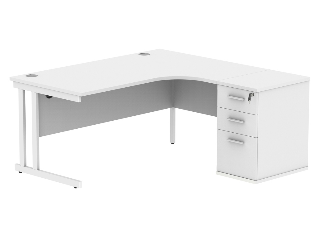 Double Upright Right Hand Radial Desk + Desk High Pedestal (FSC) | 600mm Deep Pedestal | 1600X1200 | Arctic White/White