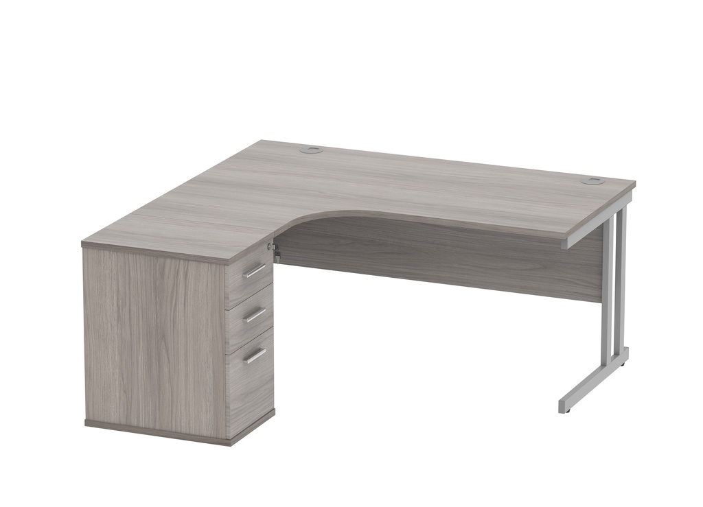 Double Upright Left Hand Radial Desk + Desk High Pedestal (FSC) | 600mm Deep Pedestal | 1600X1200 | Alaskan Grey Oak/Silver