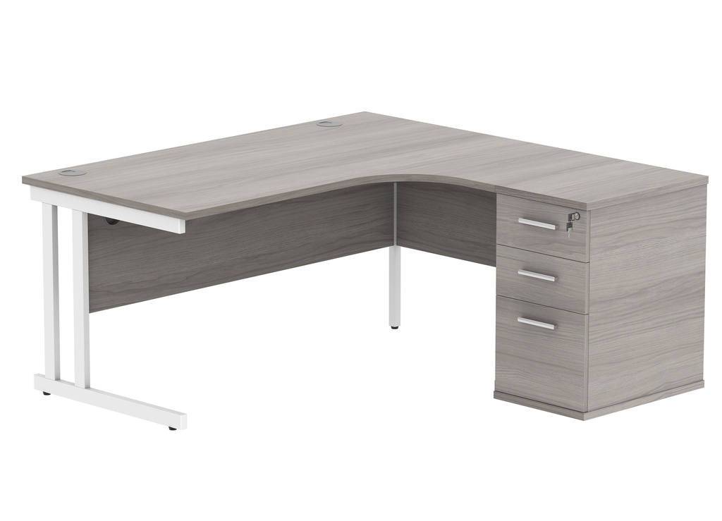 Double Upright Right Hand Radial Desk + Desk High Pedestal (FSC) | 600mm Deep Pedestal | 1600X1200 | Alaskan Grey Oak/Silver