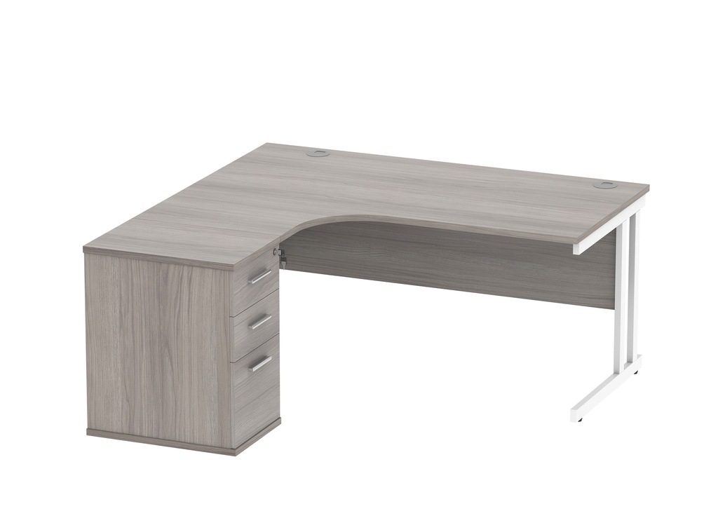 Double Upright Left Hand Radial Desk + Desk High Pedestal (FSC) | 600mm Deep Pedestal | 1600X1200 | Alaskan Grey Oak/White