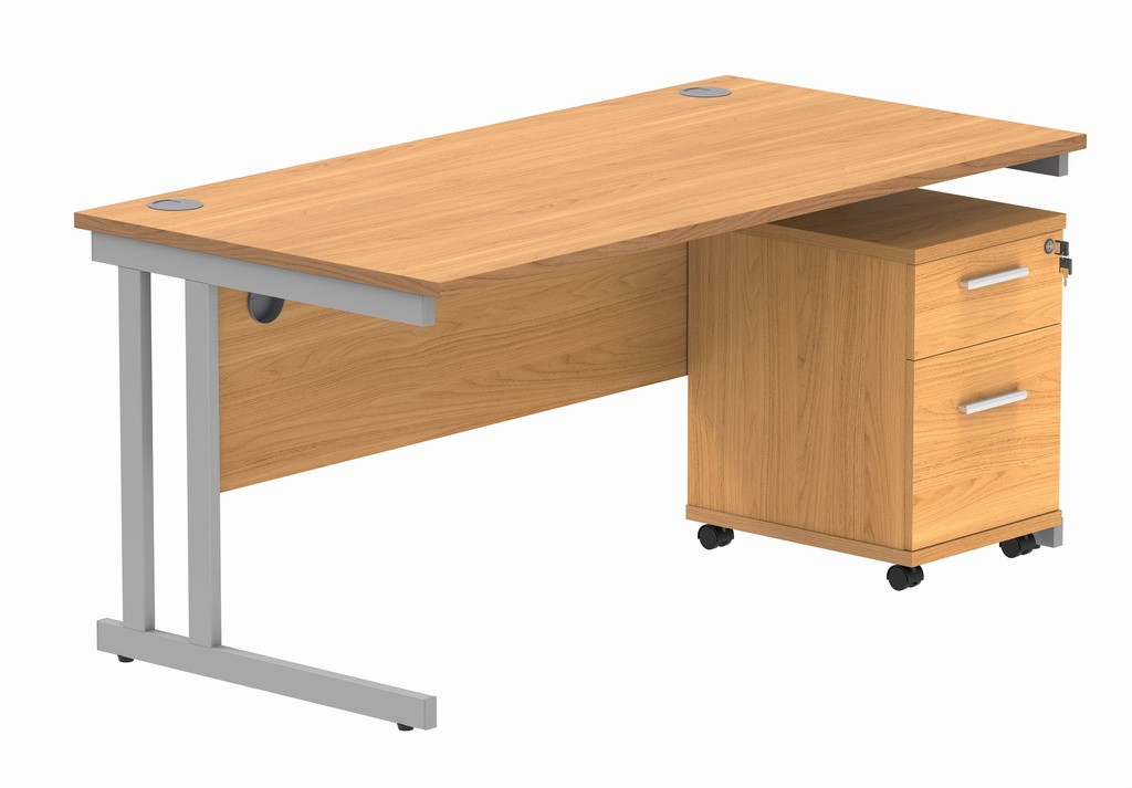 Double Upright Rectangular Desk + 2 Drawer Mobile Under Desk Pedestal (FSC) | 1600X800 | Norwegian Beech/Silver