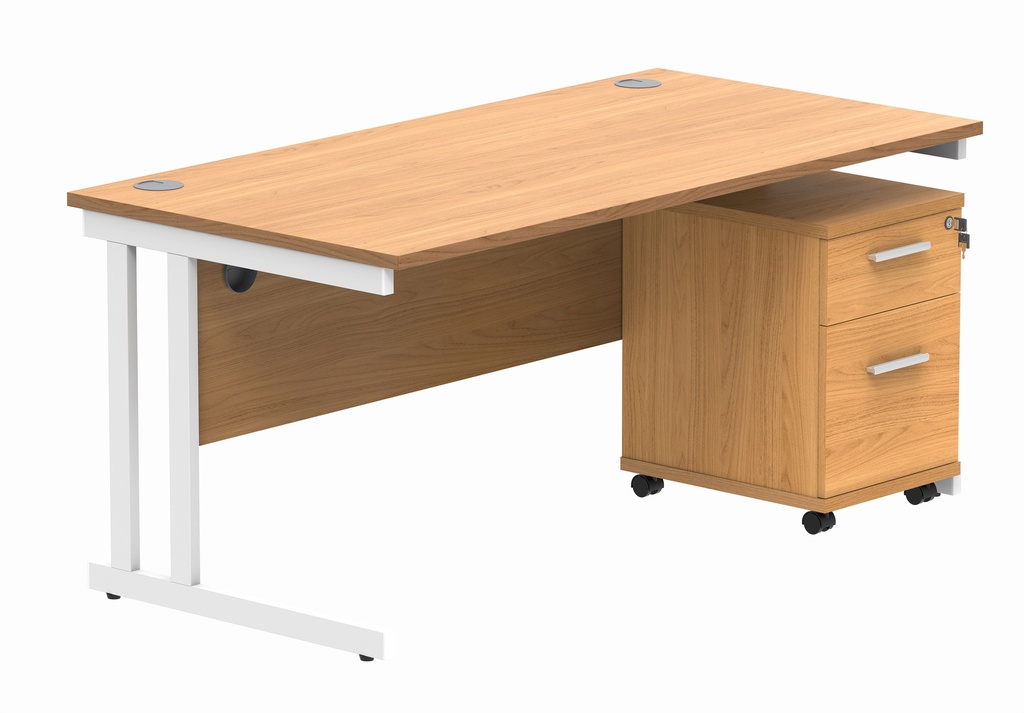 Double Upright Rectangular Desk + 2 Drawer Mobile Under Desk Pedestal (FSC) | 1600X800 | Norwegian Beech/White
