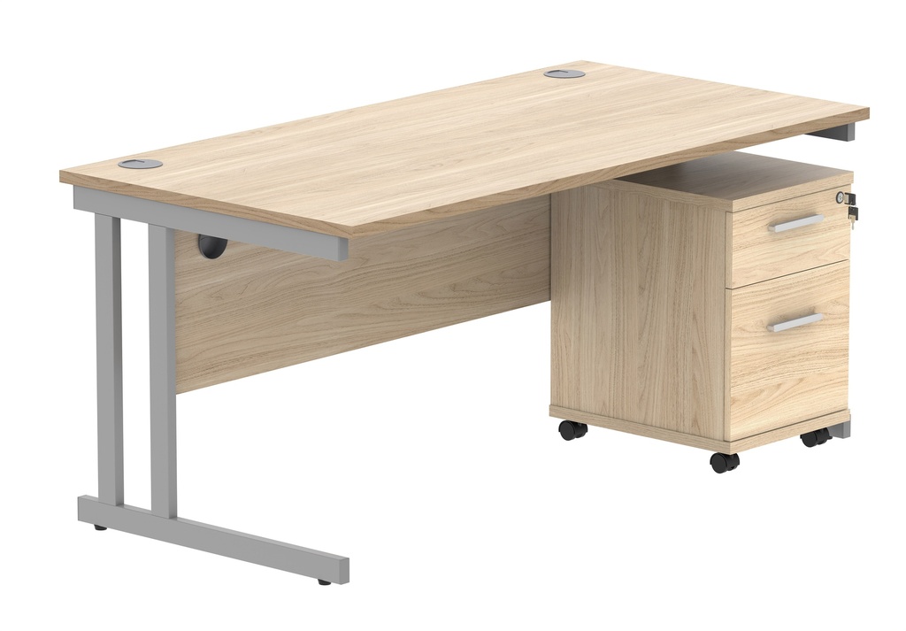 Double Upright Rectangular Desk + 2 Drawer Mobile Under Desk Pedestal (FSC) | 1600X800 | Canadian Oak/Silver
