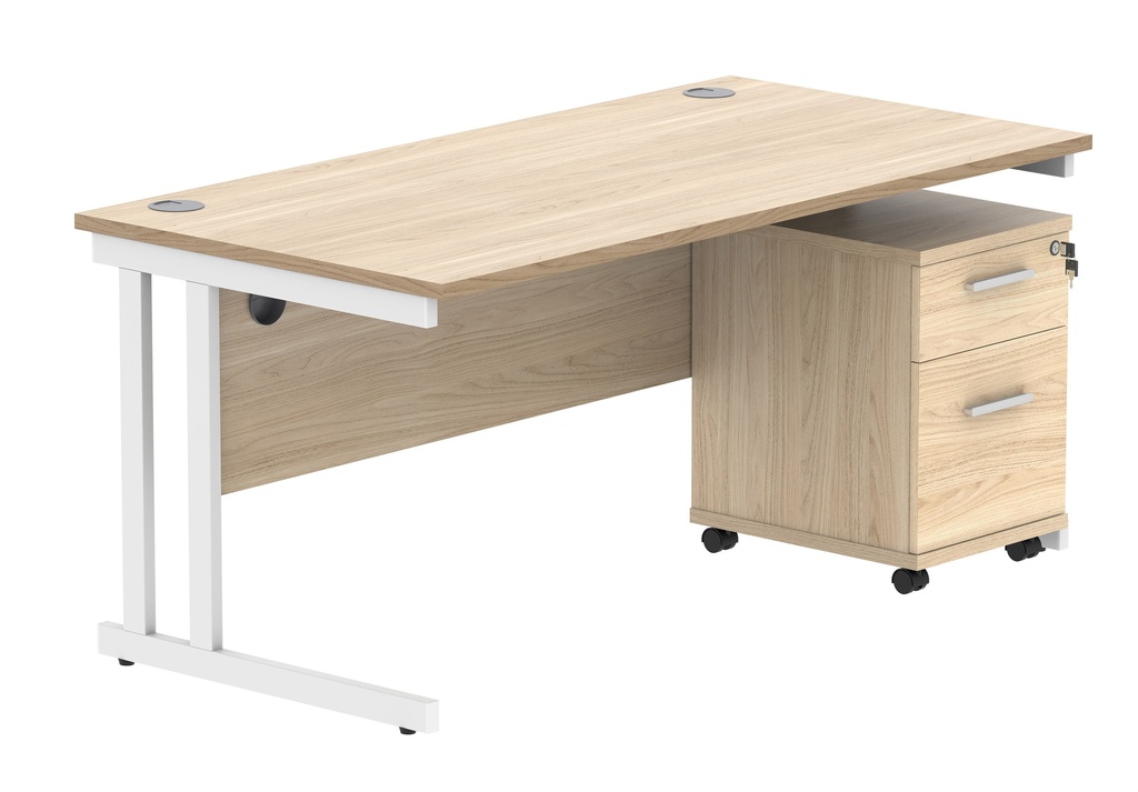 Double Upright Rectangular Desk + 2 Drawer Mobile Under Desk Pedestal (FSC) | 1600X800 | Canadian Oak/White