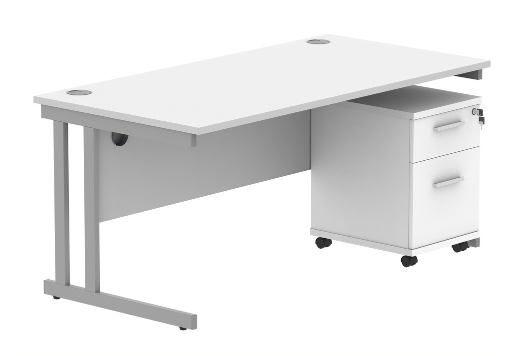 Double Upright Rectangular Desk + 2 Drawer Mobile Under Desk Pedestal (FSC) | 1600X800 | Arctic White/Silver