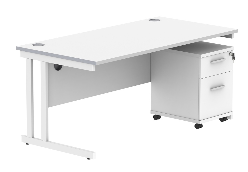 Double Upright Rectangular Desk + 2 Drawer Mobile Under Desk Pedestal (FSC) | 1600X800 | Arctic White/White