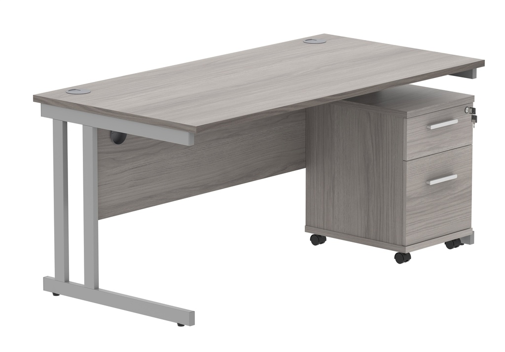 Double Upright Rectangular Desk + 2 Drawer Mobile Under Desk Pedestal (FSC) | 1600X800 | Alaskan Grey Oak/Silver
