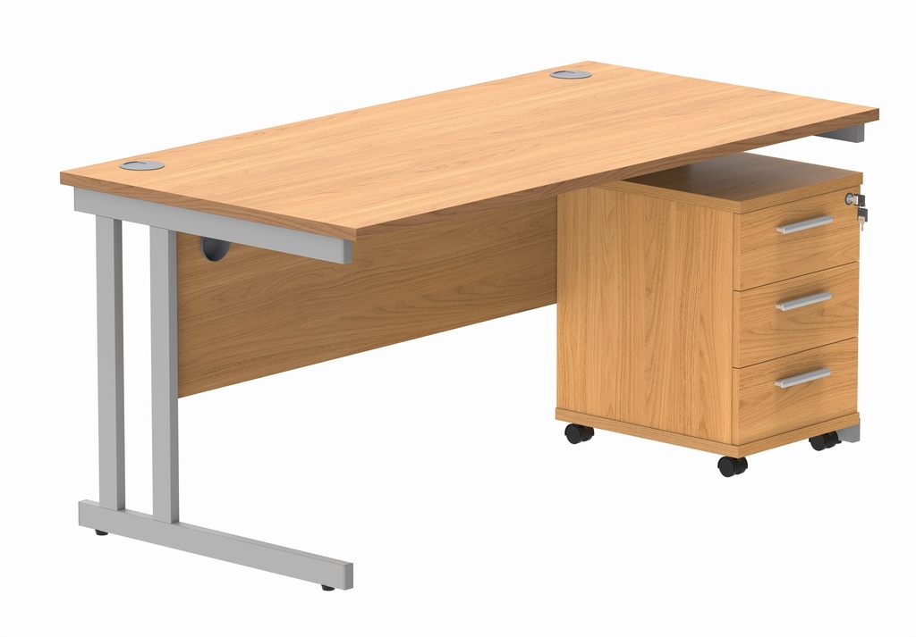 Double Upright Rectangular Desk + 3 Drawer Mobile Under Desk Pedestal (FSC) | 1600X800 | Norwegian Beech/Silver