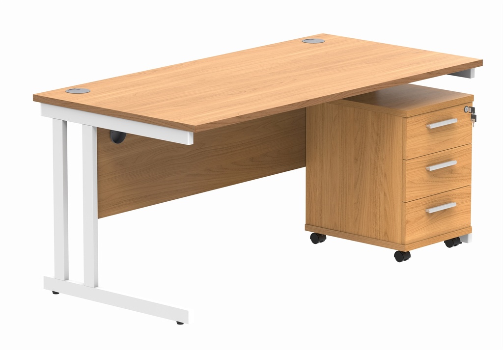 Double Upright Rectangular Desk + 3 Drawer Mobile Under Desk Pedestal (FSC) | 1600X800 | Norwegian Beech/White