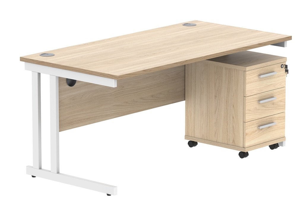 Double Upright Rectangular Desk + 3 Drawer Mobile Under Desk Pedestal (FSC) | 1600X800 | Canadian Oak/White