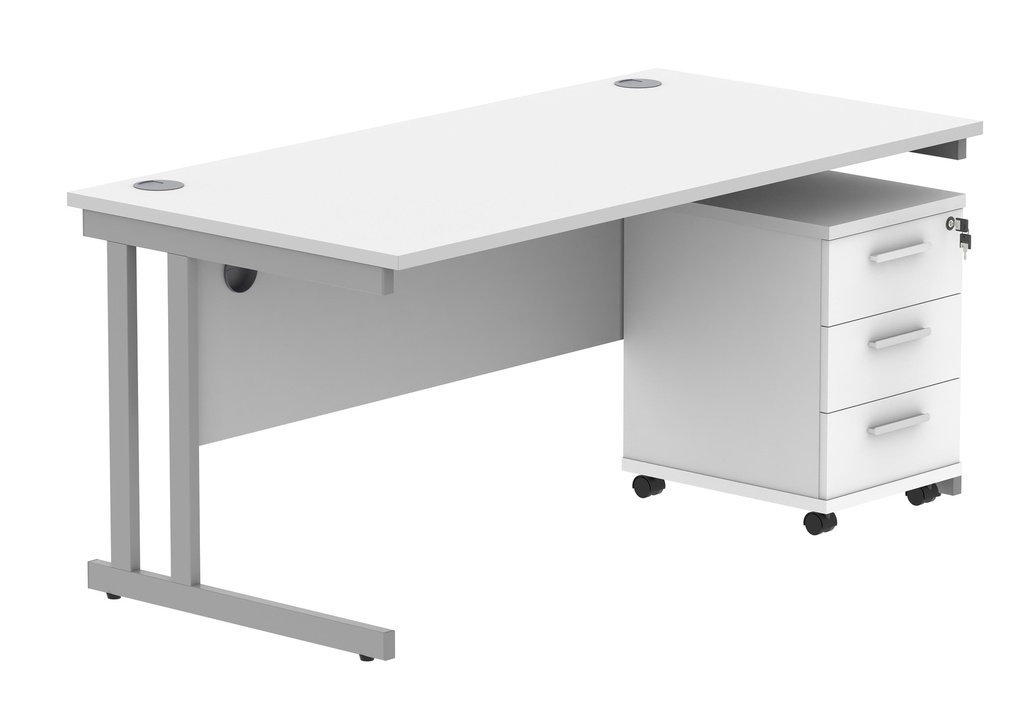 Double Upright Rectangular Desk + 3 Drawer Mobile Under Desk Pedestal (FSC) | 1600X800 | Arctic White/Silver