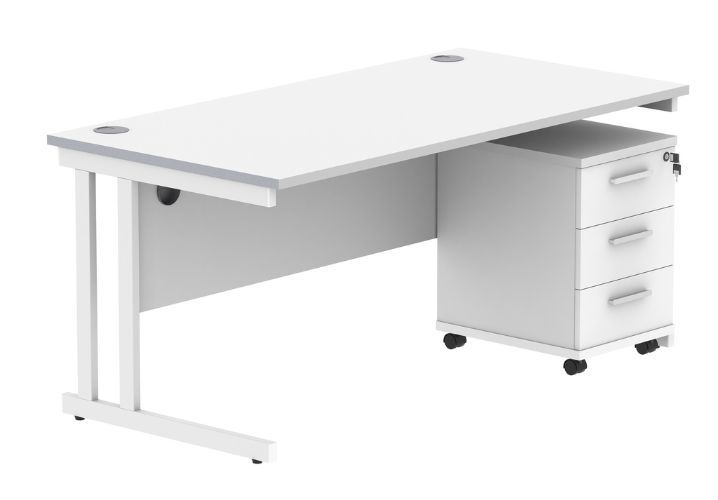 Double Upright Rectangular Desk + 3 Drawer Mobile Under Desk Pedestal (FSC) | 1600X800 | Arctic White/White