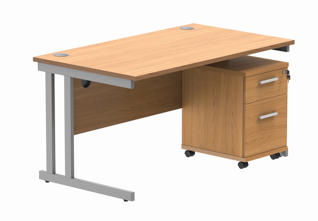 Double Upright Rectangular Desk + 2 Drawer Mobile Under Desk Pedestal (FSC) | 1400X800 | Norwegian Beech/Silver