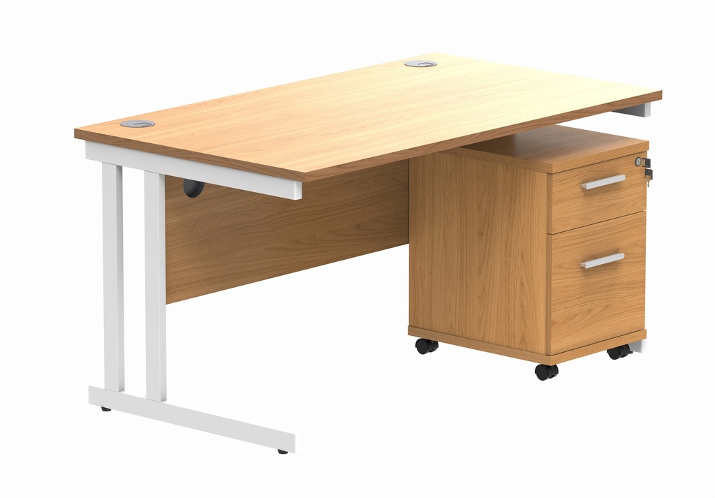 Double Upright Rectangular Desk + 2 Drawer Mobile Under Desk Pedestal (FSC) | 1400X800 | Norwegian Beech/White