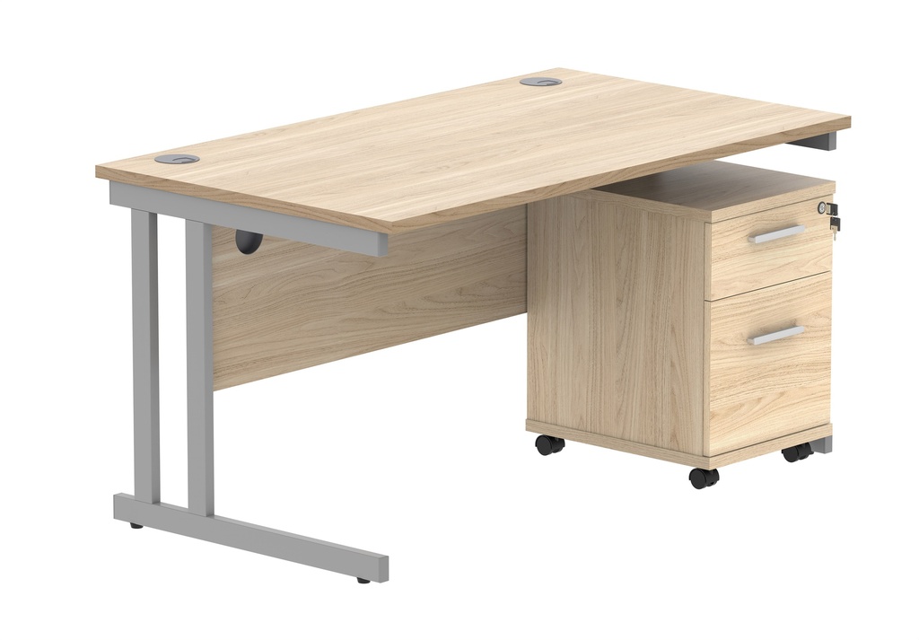 Double Upright Rectangular Desk + 2 Drawer Mobile Under Desk Pedestal (FSC) | 1400X800 | Canadian Oak/Silver