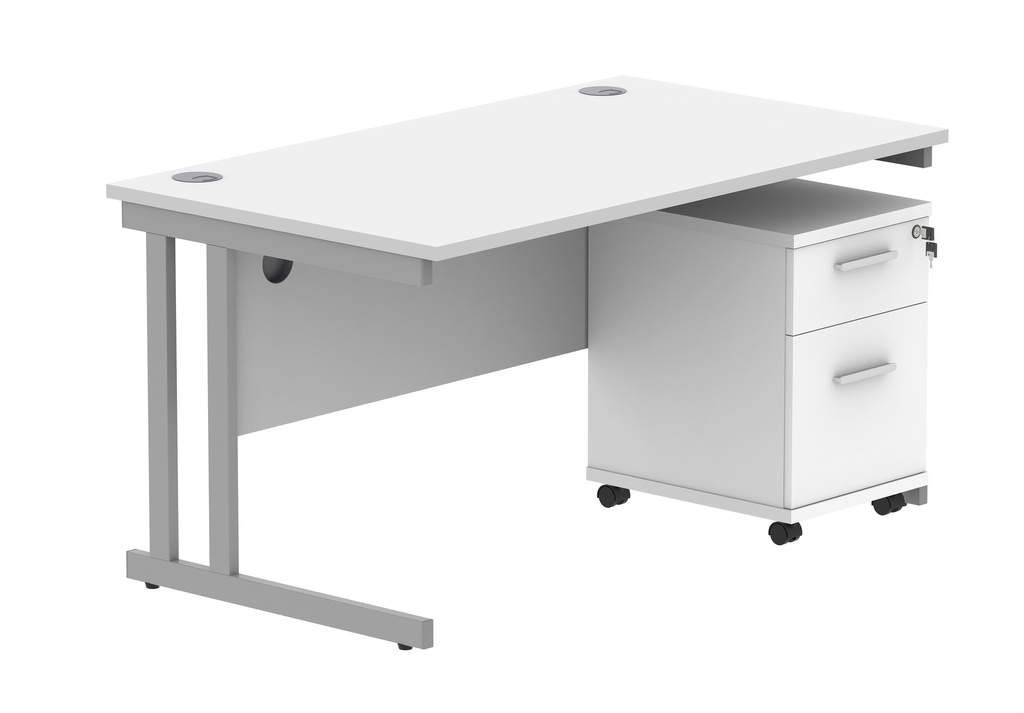Double Upright Rectangular Desk + 2 Drawer Mobile Under Desk Pedestal (FSC) | 1400X800 | Arctic White/Silver