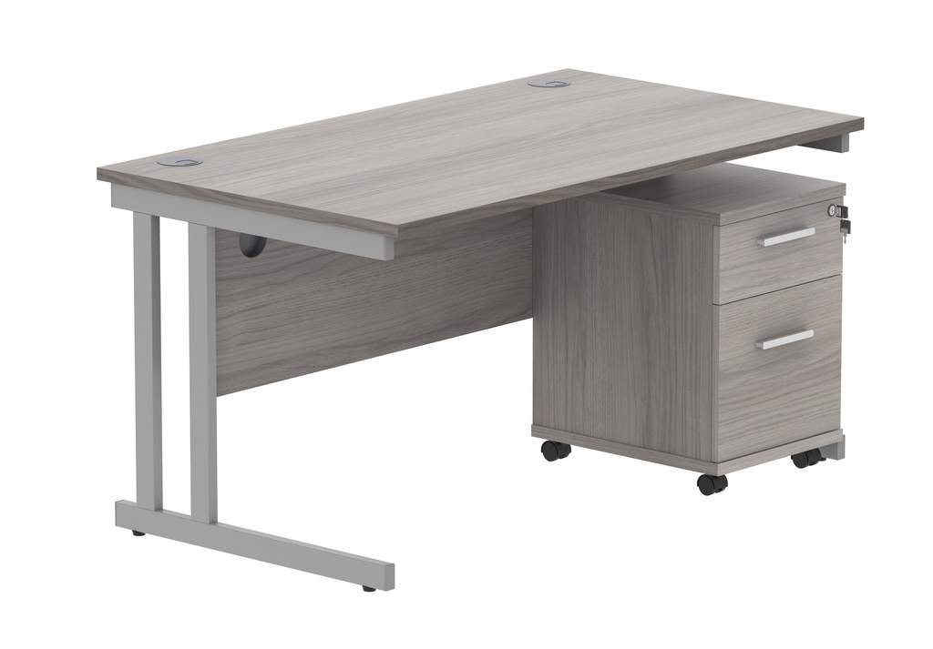 Double Upright Rectangular Desk + 2 Drawer Mobile Under Desk Pedestal (FSC) | 1400X800 | Alaskan Grey Oak/Silver
