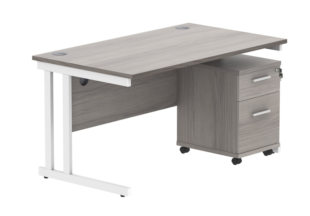 Double Upright Rectangular Desk + 2 Drawer Mobile Under Desk Pedestal (FSC) | 1400X800 | Alaskan Grey Oak/White