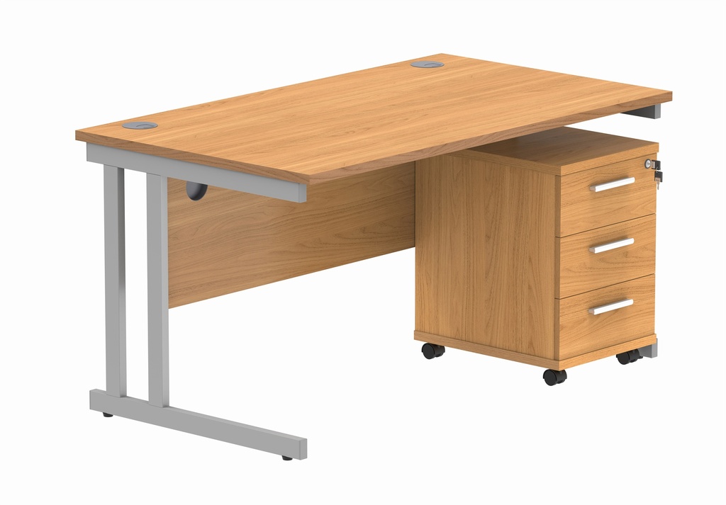 Double Upright Rectangular Desk + 3 Drawer Mobile Under Desk Pedestal (FSC) | 1400X800 | Norwegian Beech/Silver