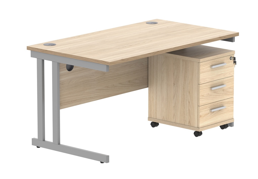 Double Upright Rectangular Desk + 3 Drawer Mobile Under Desk Pedestal (FSC) | 1400X800 | Canadian Oak/Silver