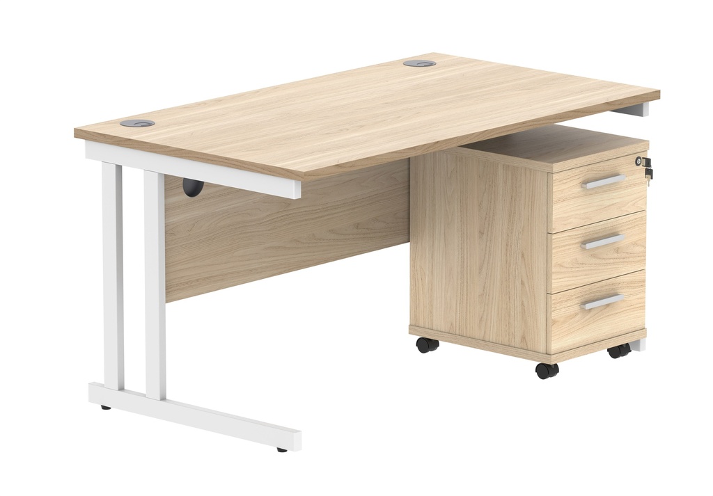 Double Upright Rectangular Desk + 3 Drawer Mobile Under Desk Pedestal (FSC) | 1400X800 | Canadian Oak/White