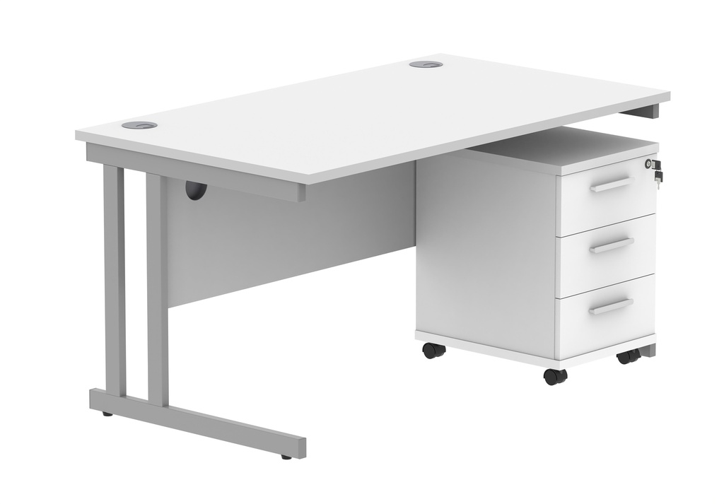 Double Upright Rectangular Desk + 3 Drawer Mobile Under Desk Pedestal (FSC) | 1400X800 | Arctic White/Silver