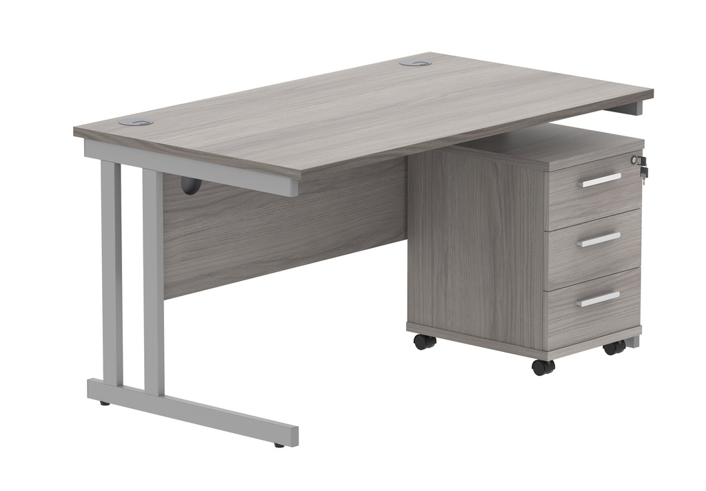 Double Upright Rectangular Desk + 3 Drawer Mobile Under Desk Pedestal (FSC) | 1400X800 | Alaskan Grey Oak/Silver