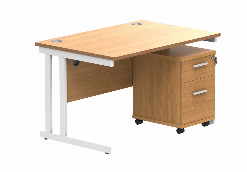 Double Upright Rectangular Desk + 2 Drawer Mobile Under Desk Pedestal (FSC) | 1200X800 | Norwegian Beech/White