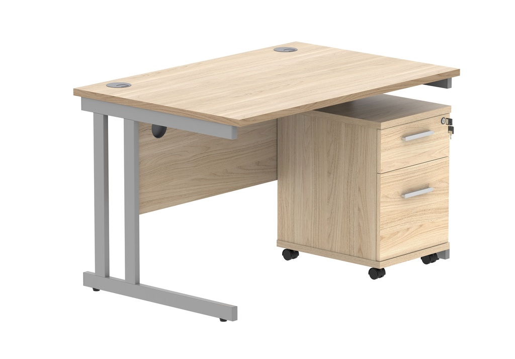 Double Upright Rectangular Desk + 2 Drawer Mobile Under Desk Pedestal (FSC) | 1200X800 | Canadian Oak/Silver