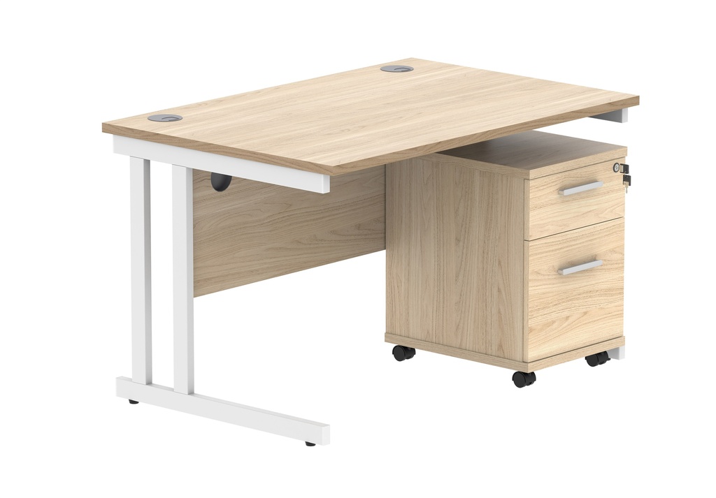 Double Upright Rectangular Desk + 2 Drawer Mobile Under Desk Pedestal (FSC) | 1200X800 | Canadian Oak/White