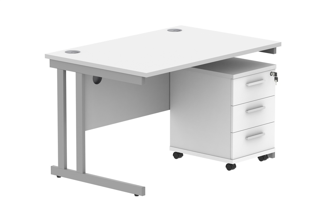 Double Upright Rectangular Desk + 2 Drawer Mobile Under Desk Pedestal (FSC) | 1200X800 | Arctic White/Silver