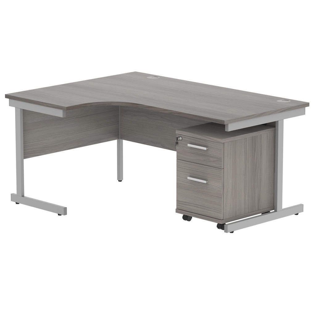 Single Upright Left Hand Radial Desk + 2 Drawer Mobile Under Desk Pedestal (FSC) | 1600 X 1200 | Alaskan Grey Oak/Silver