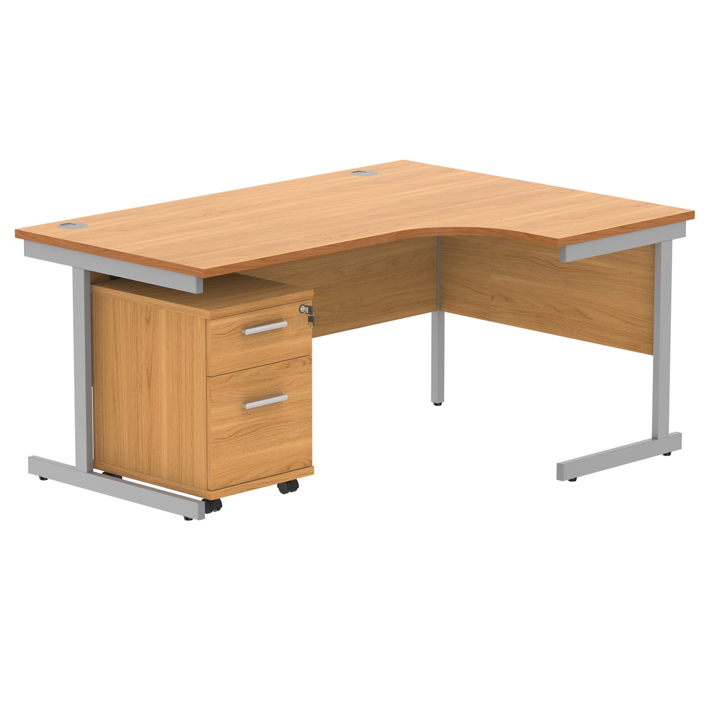 Single Upright Right Hand Radial Desk + 2 Drawer Mobile Under Desk Pedestal (FSC) | 1600 X 1200 | Norwegian Beech/Silver