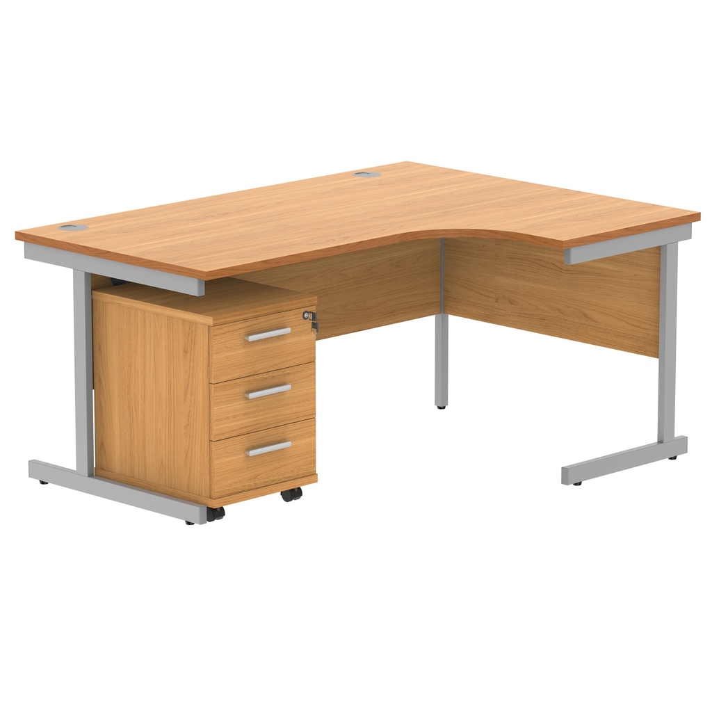 Single Upright Right Hand Radial Desk + 3 Drawer Mobile Under Desk Pedestal (FSC) | 1600 X 1200 | Norwegian Beech/Silver