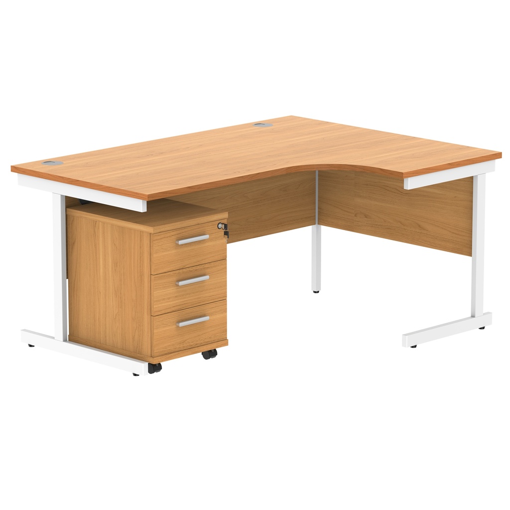 Single Upright Right Hand Radial Desk + 3 Drawer Mobile Under Desk Pedestal (FSC) | 1600 X 1200 | Norwegian Beech/White
