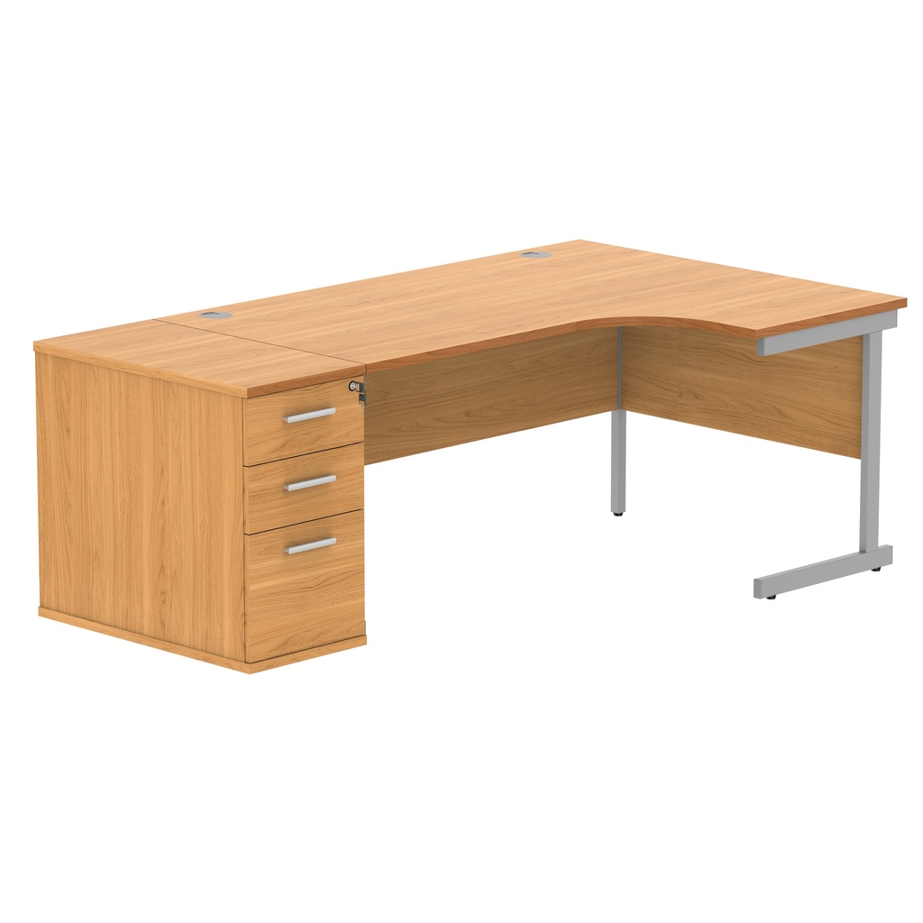 Single Upright Right Hand Radial Desk + Desk High Pedestal (FSC) | 800mm Deep Pedestal | 1600 X 1200 | Norwegian Beech/Silver