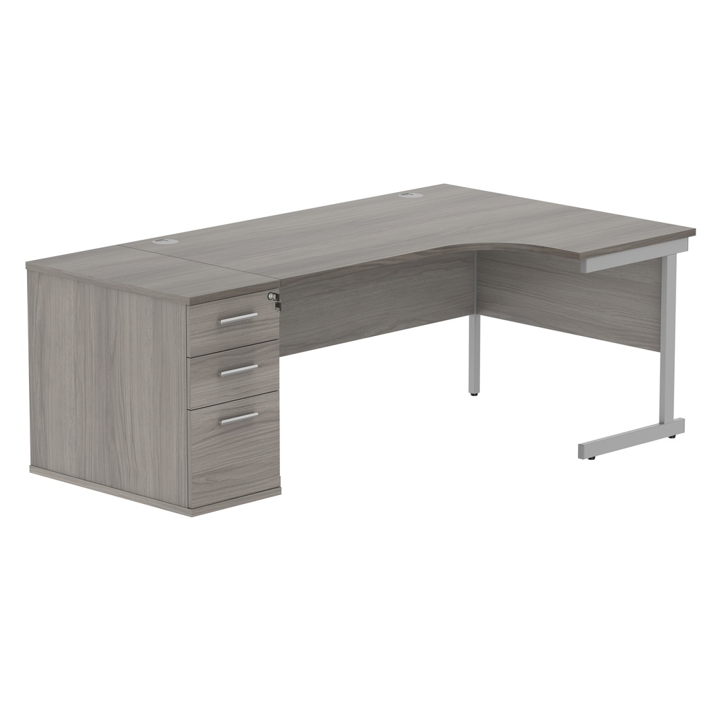 Single Upright Right Hand Radial Desk + Desk High Pedestal (FSC) | 800mm Deep Pedestal | 1600 X 1200 | Alaskan Grey Oak/Silver