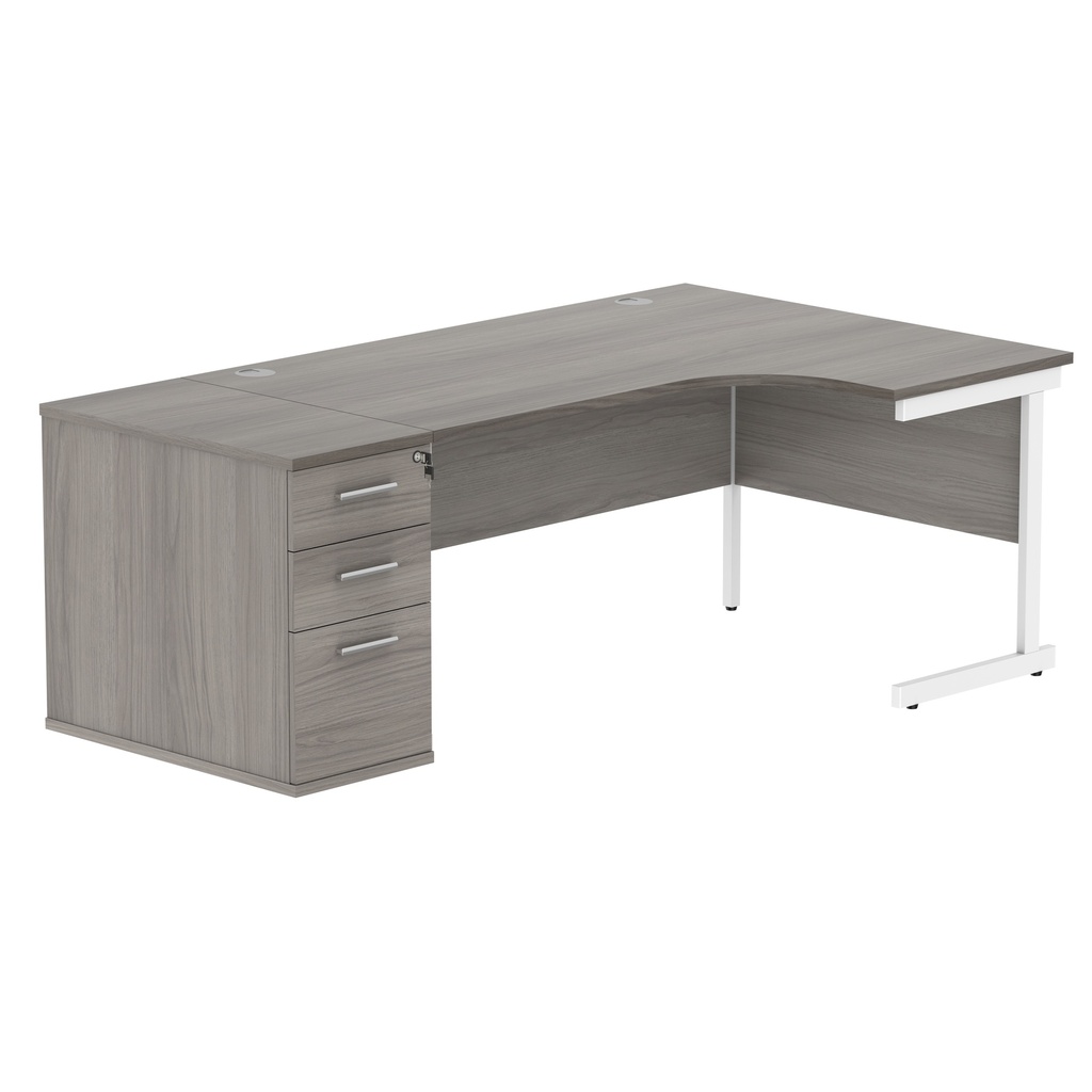 Single Upright Right Hand Radial Desk + Desk High Pedestal (FSC) | 800mm Deep Pedestal | 1600 X 1200 | Alaskan Grey Oak/White