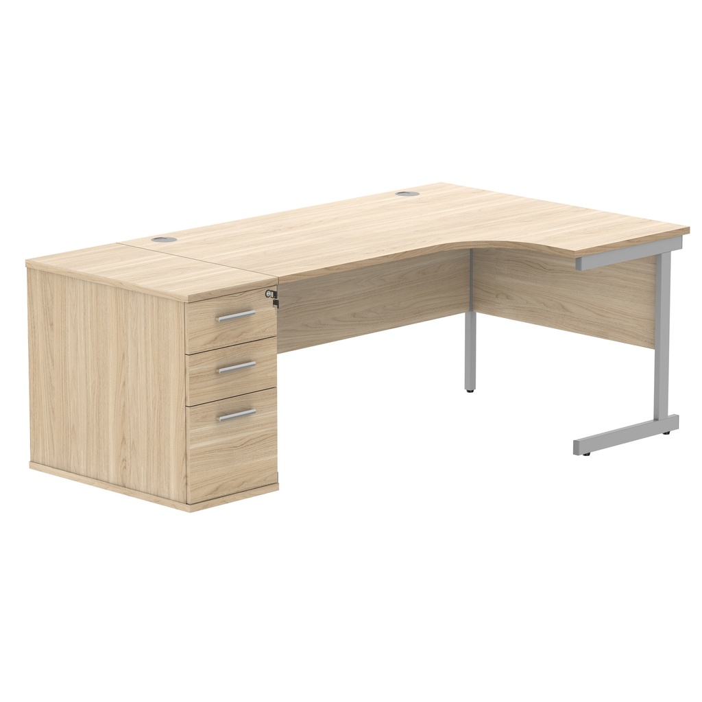 Single Upright Right Hand Radial Desk + Desk High Pedestal (FSC) | 800mm Deep Pedestal | 1600 X 1200 | Canadian Oak/Silver