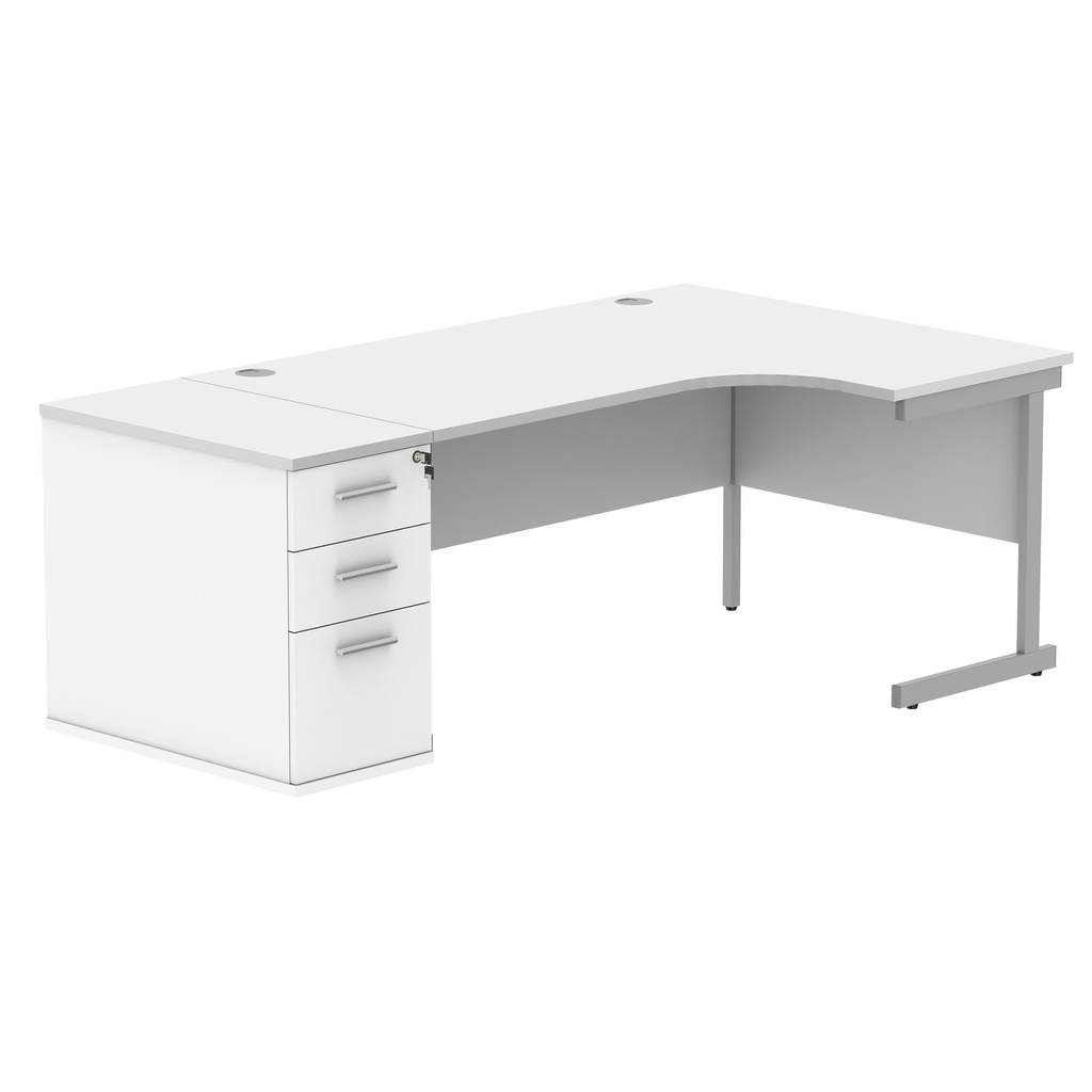 Single Upright Right Hand Radial Desk + Desk High Pedestal (FSC) | 800mm Deep Pedestal | 1600 X 1200 | Arctic White/Silver