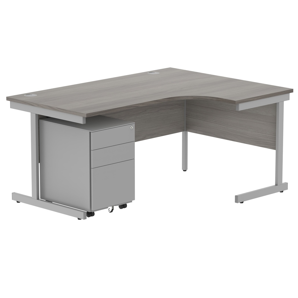 CORE Single Upright Right Hand Radial Desk + Under Desk Steel Pedestal 3 Drawers (FSC) | 1600 X 1200 | Alaskan Grey Oak/Silver