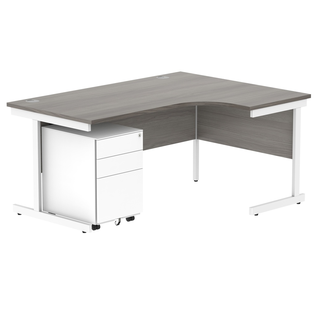 CORE Single Upright Right Hand Radial Desk + Under Desk Steel Pedestal 3 Drawers (FSC) | 1600 X 1200 | Alaskan Grey Oak/White