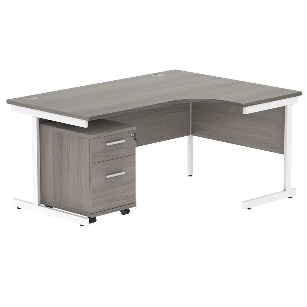 Single Upright Right Hand Radial Desk + 2 Drawer Mobile Under Desk Pedestal (FSC) | 1600 X 1200 | Alaskan Grey Oak/White