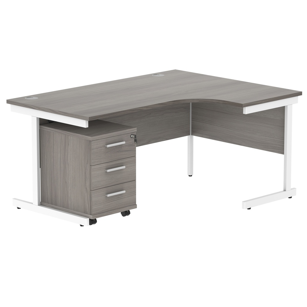 Single Upright Right Hand Radial Desk + 3 Drawer Mobile Under Desk Pedestal (FSC) | 1600 X 1200 | Alaskan Grey Oak/White