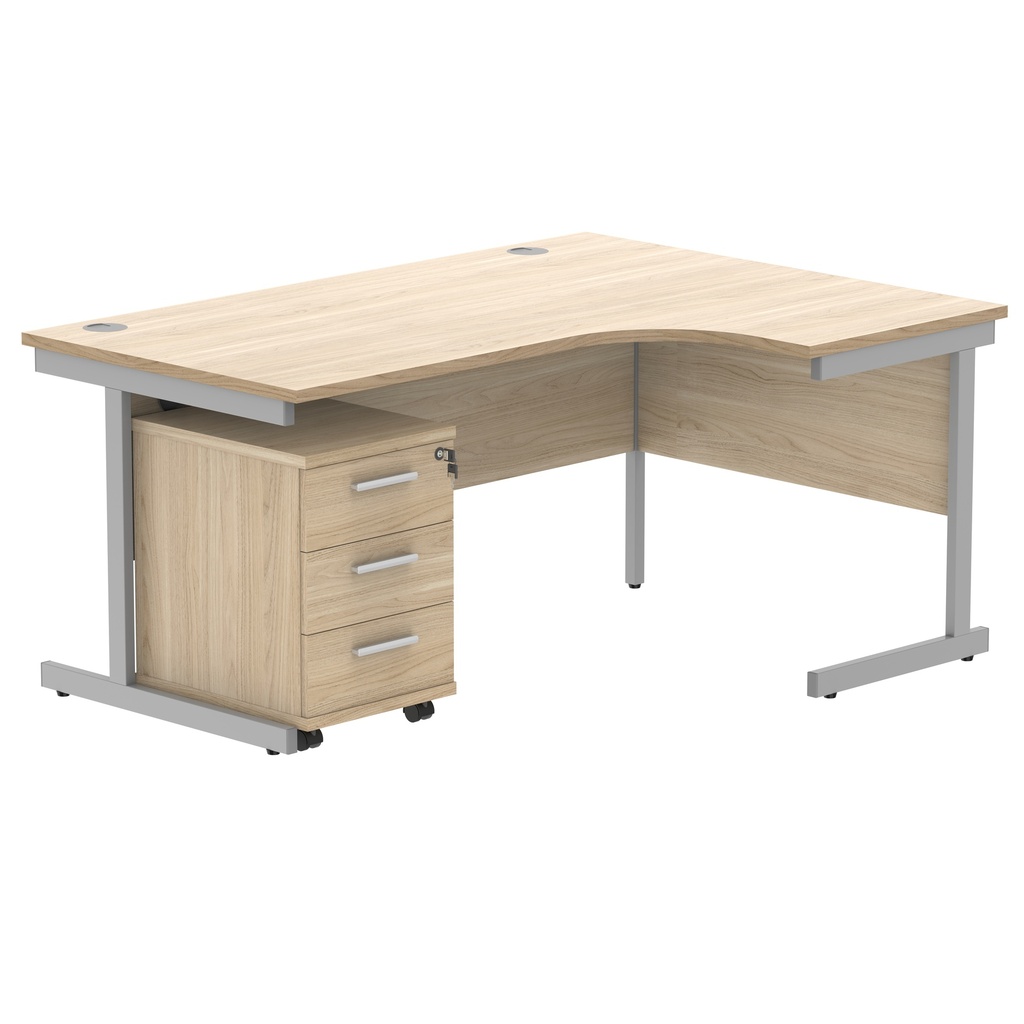 Single Upright Right Hand Radial Desk + 3 Drawer Mobile Under Desk Pedestal (FSC) | 1600 X 1200 | Canadian Oak/Silver