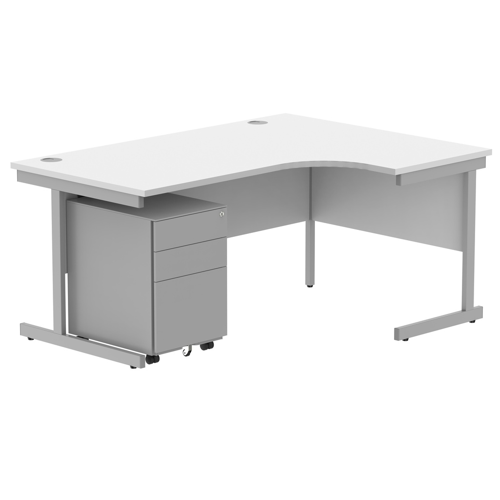 CORE Single Upright Right Hand Radial Desk + Under Desk Steel Pedestal 3 Drawers (FSC) | 1600 X 1200 | Arctic White/Silver